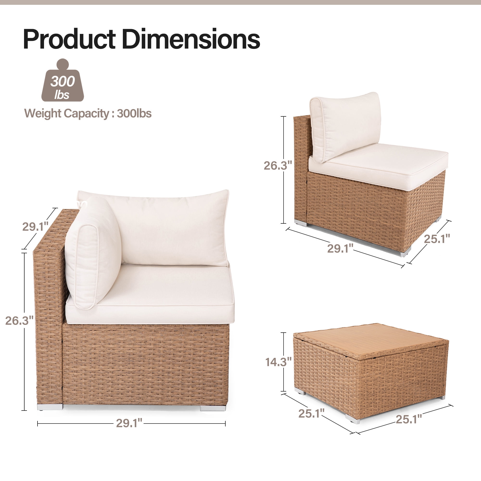 LAUSAINT HOME 7 Pieces Outdoor Furniture Set, Patio Sectional Coversation Set with 6 Chairs and 1 Coffee Table, Beige Cushions & Brown Wicker