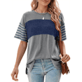 thumbnail image 1 of Blusa Informal de Verano para Mujer, Talla Grande, Cuello Redondo, Rayas, Color Block, Talla XXL, Azul, 2025, 1 of 9