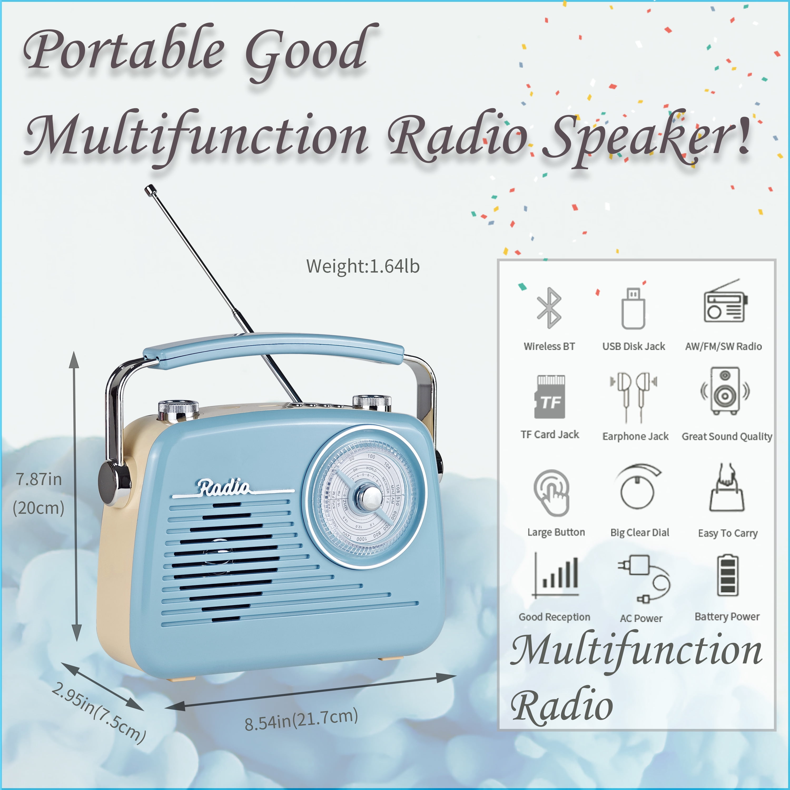 Portable AM FM Shortwave Vintage Radio Multifunctional Bluetooth Speaker 4 Power Options 5W Speaker TWS Stereo Plug-in Wall/Type-C Charging Emergency Radio for Home Outdoor Camping (Blue)