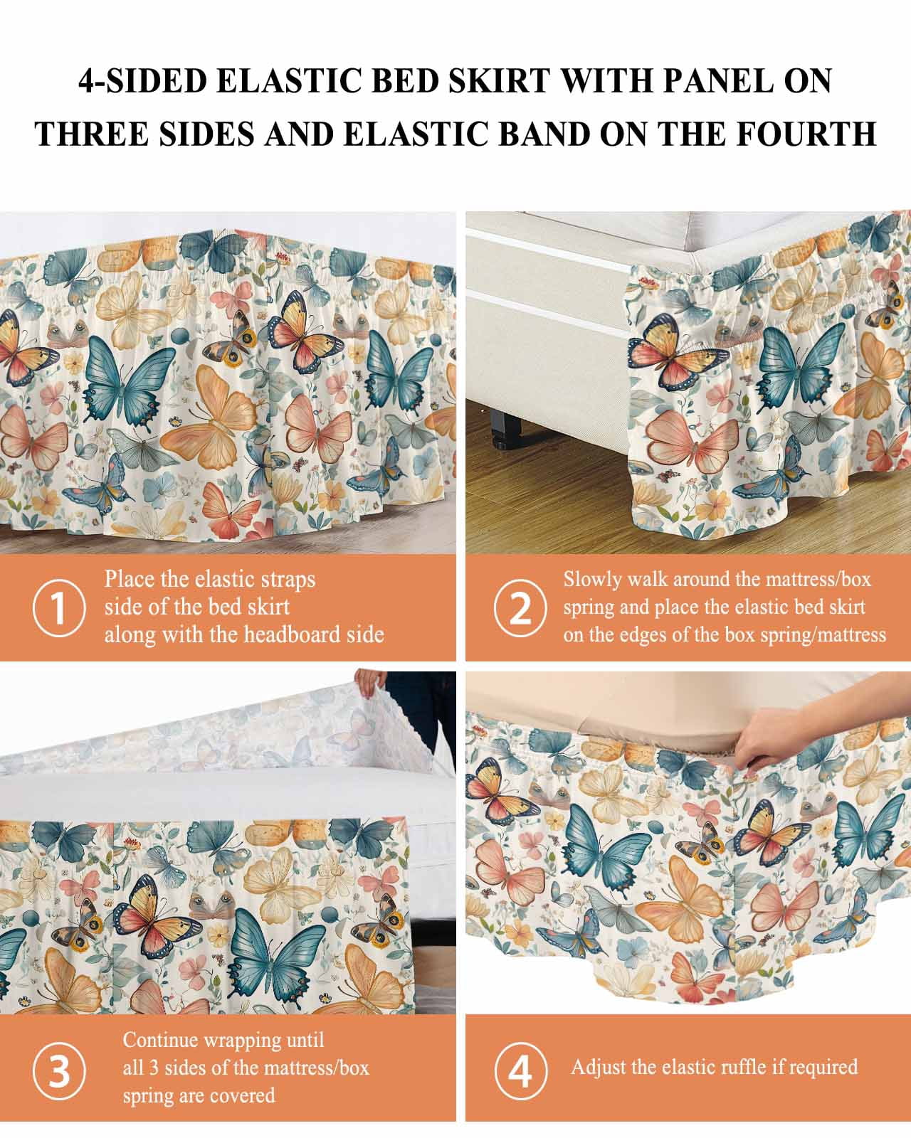 Butterfly Wrap Around Bed Skirts for Queen Bed 16" Drop,Bed Skirt with Adjustable Elastic Belt Dust Ruffle Bed Valance for Bedroom Hotel Retro Spring Leaves Country Aesthetic Flower Bed Frame Cover