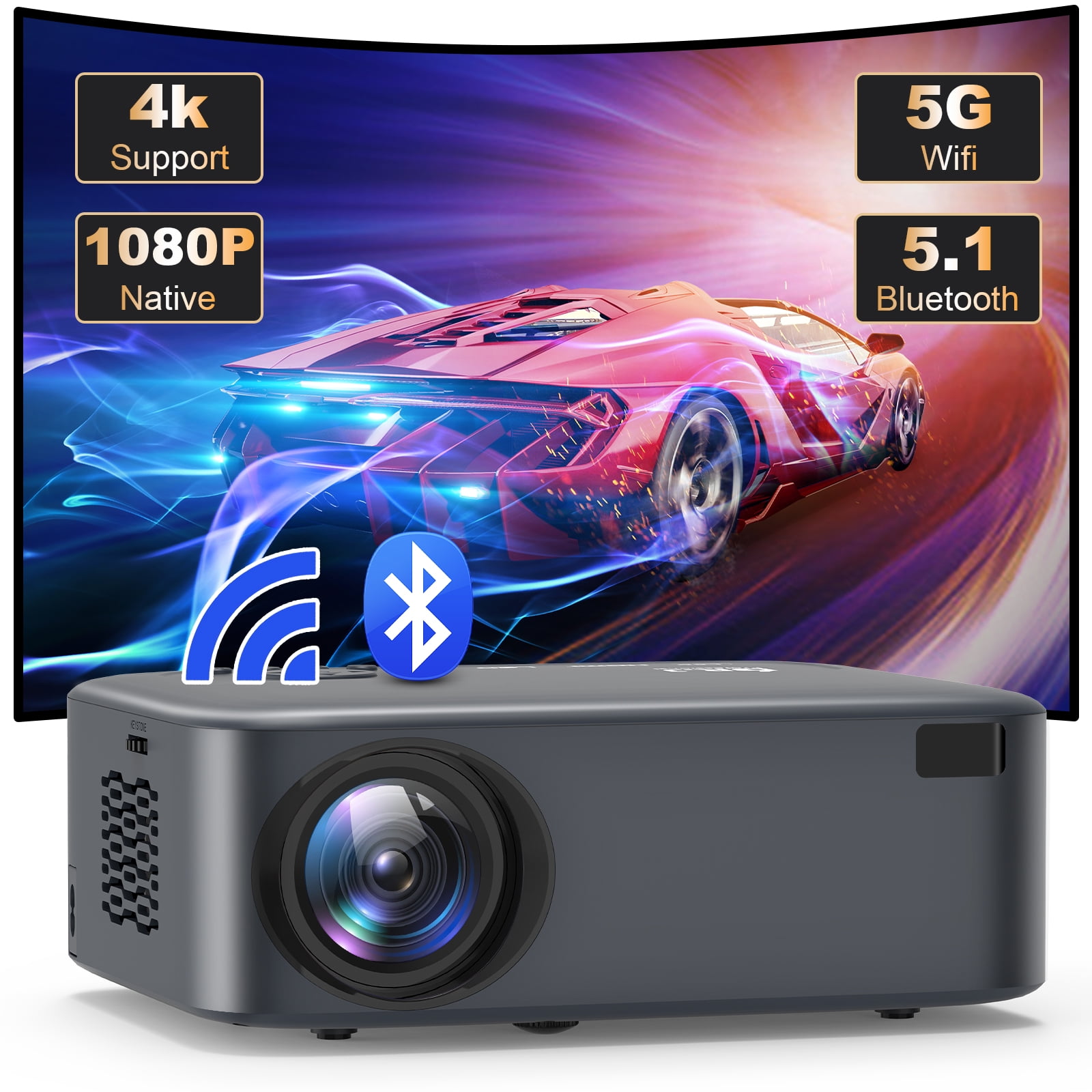 GCZ Native 1080P Projector with WiFi and Bluetooth, 400ANSI Supported 4K Full HD Projector, Electric Focus, Up to 300" Screen Supported