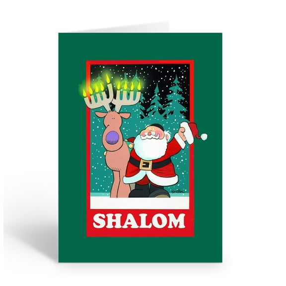Stonehouse Collection Christmas and Hanukkah Card, Santa & Menorah Antlers Holiday Greeting Card Set – 12 Cards & 12 Envelopes, Made in the USA (Standard)