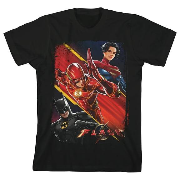 The Flash Movie Distressed Edges Character Group Poster Art Crew Neck Short Sleeve Boys' Black T-shirt-Large