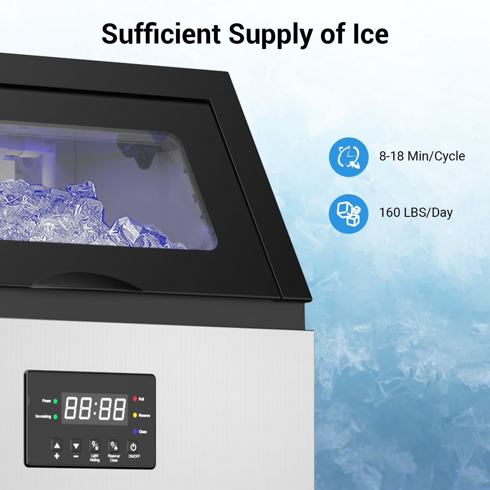 Commercial Ice Maker 200lbs/24H, 50lbs Storage Bin, Under Counter Ice Machine