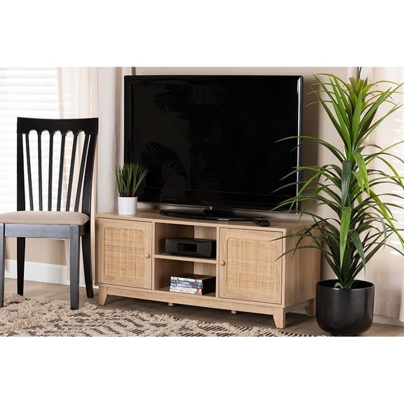 Baxton Studio Elsbeth Mid-Century Modern Light Brown Finished Wood and Natural Rattan 2-Door TV Stand