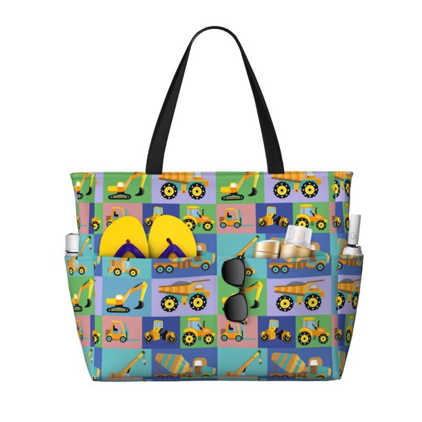 Fotbe Construction Machinery Bolsa de Viaje para Playa - Resistente al Agua, Bolsa Tote de Gran Capacidad y Ligera con 7 Bolsillos para Mujeres y Hombres