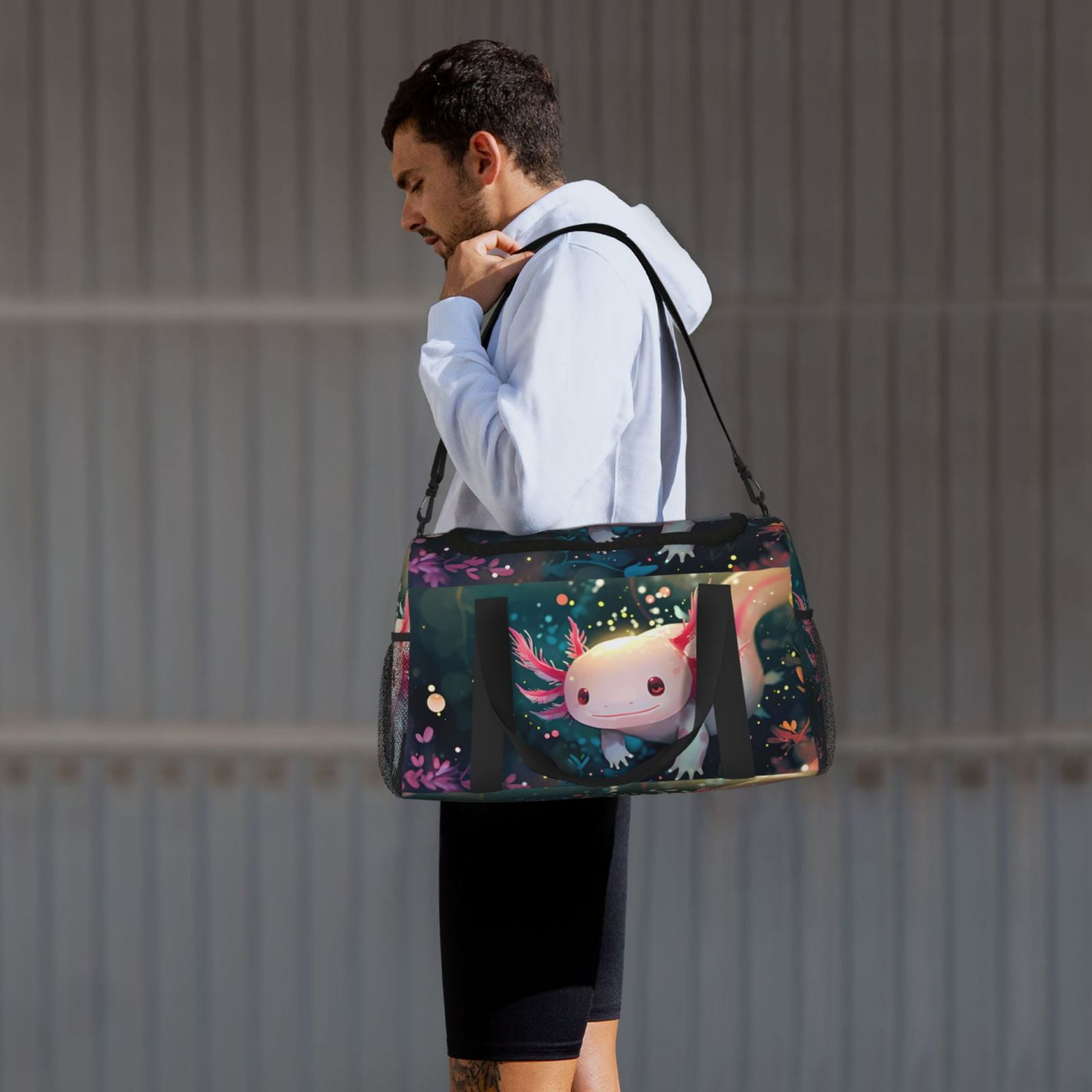 Kuqiui Whimsical Axolotl Fantasy Print Foldable Travel Duffel Bag Tote Carry on Luggage Bag Personal item Sports Gym Bag Water Resistant Weekender Overnight Bags for Women and Men