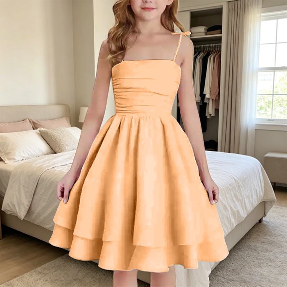 Girls Summer Floral Print Dresses Flowy Sleeveless V Neck Bow Shoulder Ruched Waist Casual Play Sundress Orange 11-12 Years