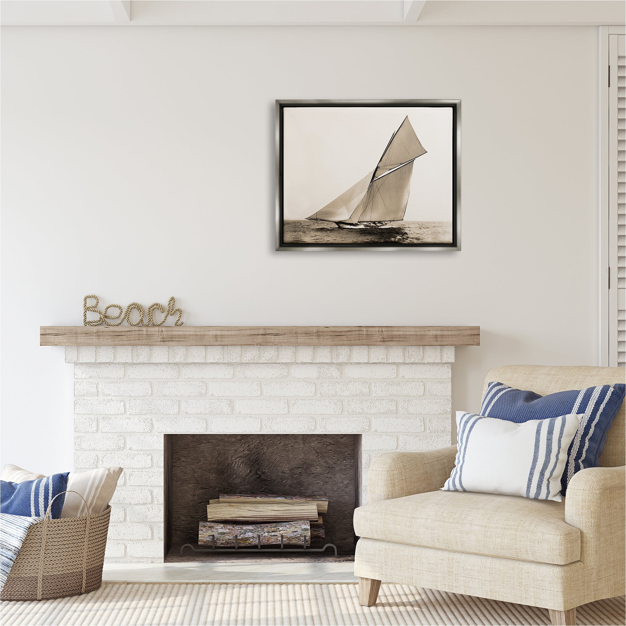 Stupell Industries Vintage Ship on Ocean Transportation Photography Gray Floater Framed Canvas Art Print Wall Art, 31 x 25