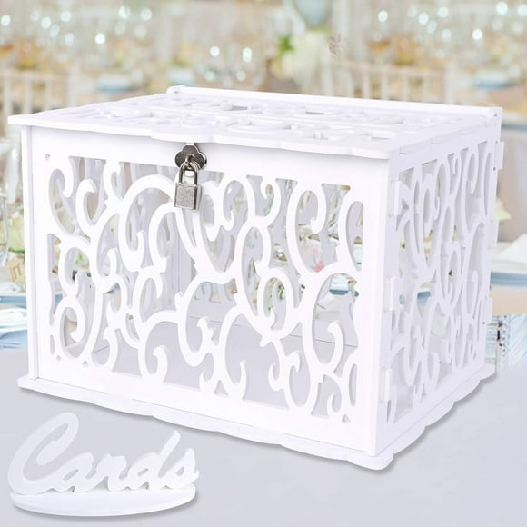 DIY Wedding Card Box with Slot PVC Hollow Wedding Envelope Box with Lock and Card Sign Money Box Card Box for Wedding Reception Birthday Baby Shower Graduation Party Supplies