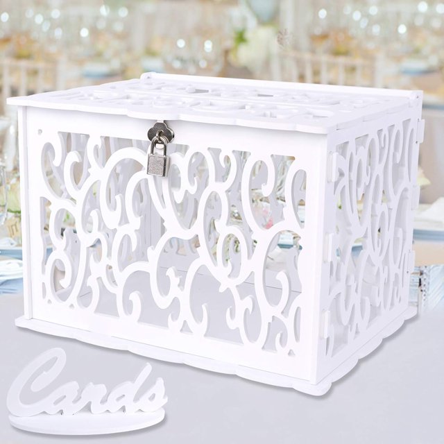 DIY Wedding Card Box with Slot PVC Hollow Wedding Envelope Box with Lock and Card Sign Money Box Card Box for Wedding Reception Birthday Baby Shower Graduation Party Supplies