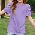 thumbnail image 4 of Deals Mwjwdo Girls Puff Short Sleeve Shirts Summer Ribbed Knit Crewneck T Shirt Tops Tee Blouse Fashion Tees 4-14 Years Purple 11 Years, 4 of 9