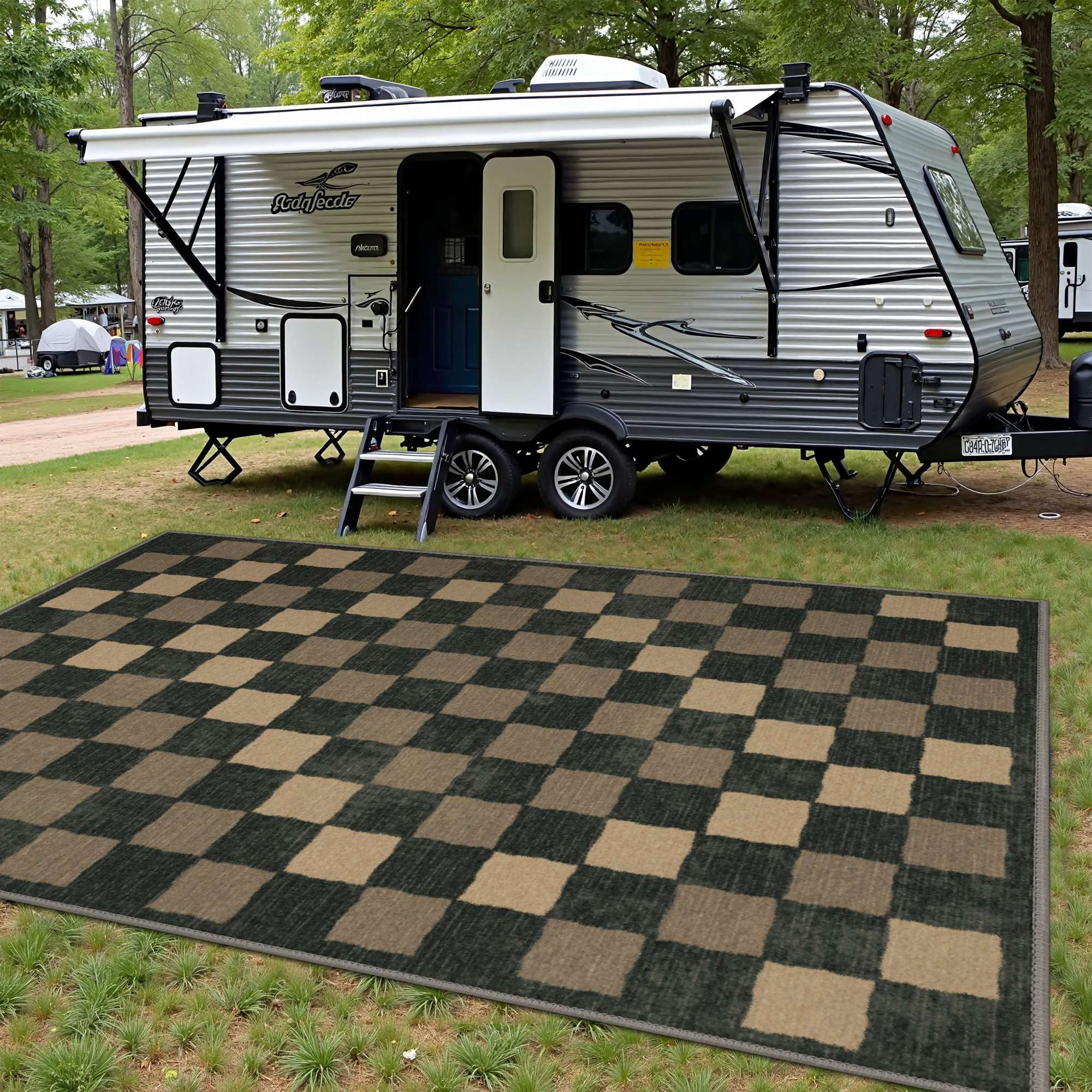DEORAB Outdoor Rugs 8'X10' Chenille Patio Rug Three-Layer Material Imitation Silicone Spot Molding Camping Outside Rv Mat, Blue Black & Brown
