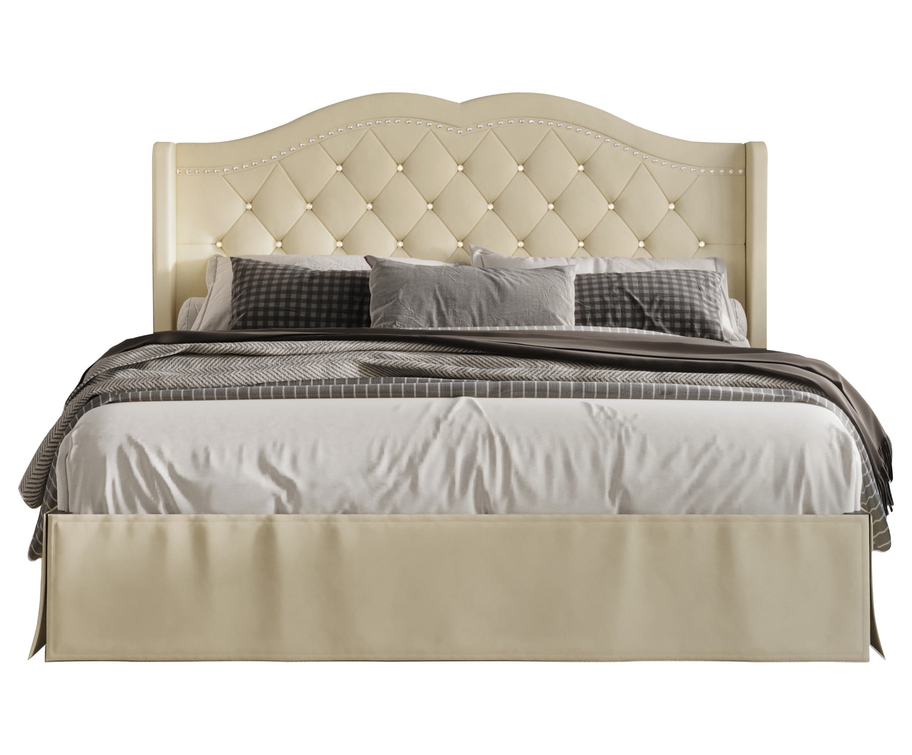 Home Design Bruce King Tufted Upholstered Platform Bed Frame with Wingback Headboard and Nailhead Trim, Beige, Easy Assembly