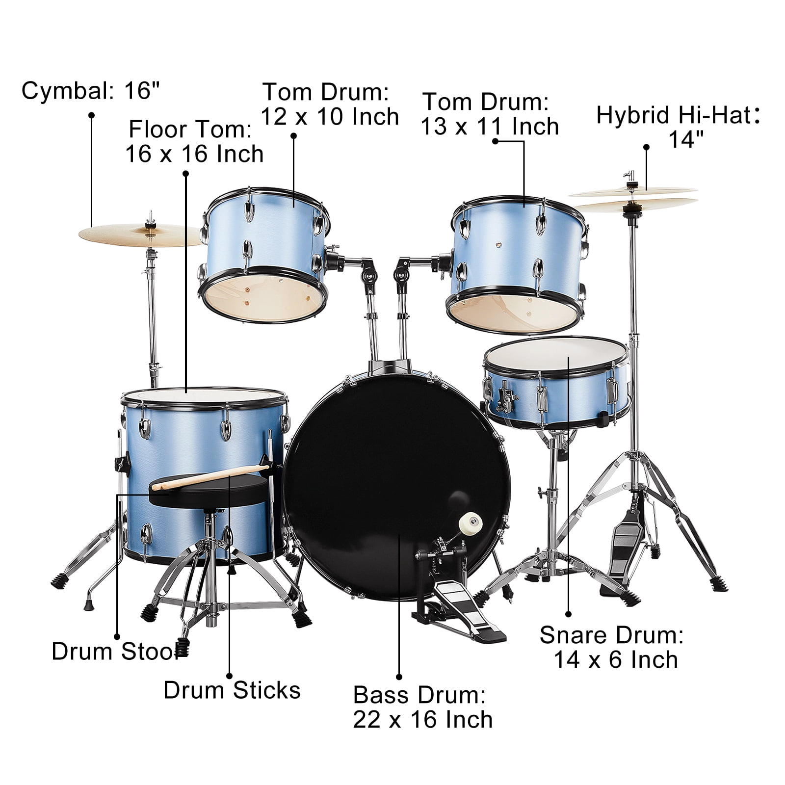 Full Size Adult Drum Set, 5-Piece Blue with Bass Drum, Two Tom Drum, Snare Drum, Floor Tom, 16" Ride Cymbal, 14" Hi-hat Cymbals, Stool, Drum Pedal, Sticks