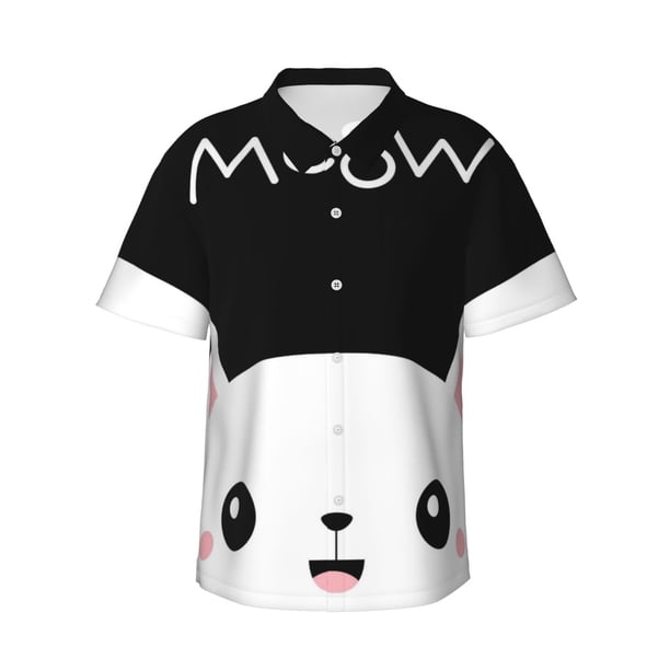Fotbe Cat Meow Camisa Hawaiana para Hombre Unisex – Camisa Casual de Verano con Botones de Manga Corta de Algodón y Lino,Medium
