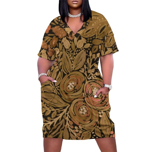 Acuarela Patrón floral negro y marrón Vestido largo holgado con bolsillos