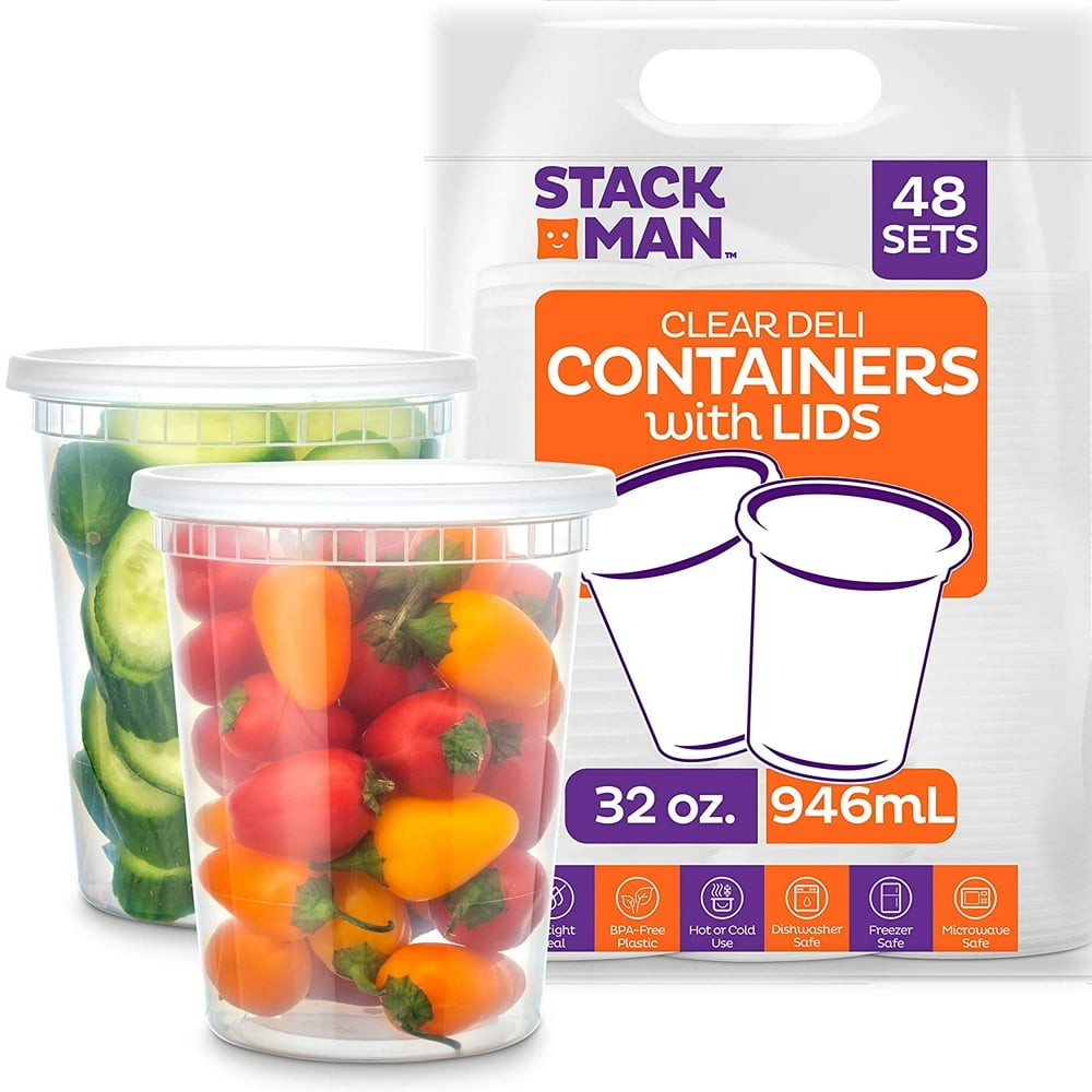 Stack Man [48 Pack, 32 oz] Plastic Deli Food Storage Soup Containers With Airtight Lids, Freezer