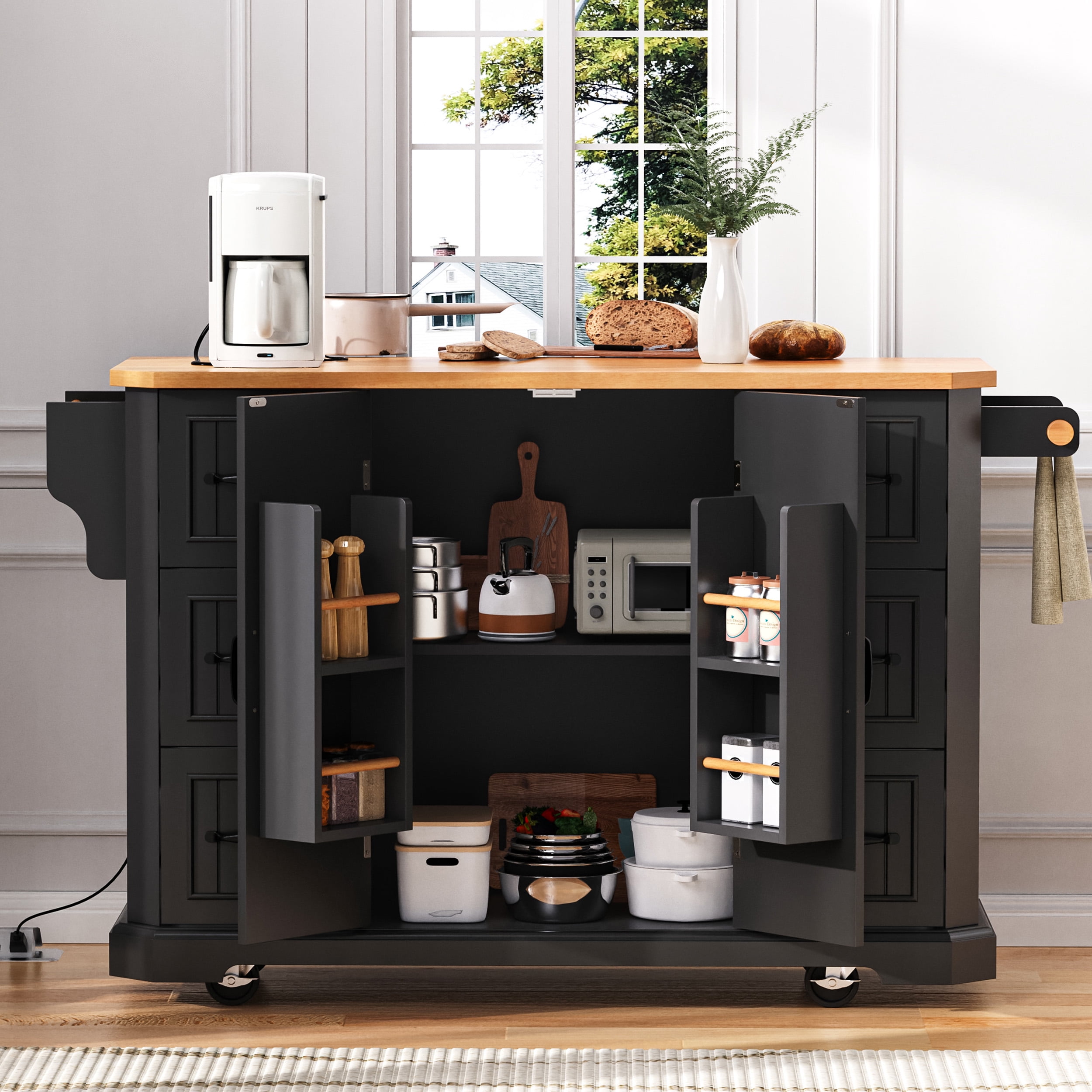 Euroco 56" Kitchen Island with Rubber Wood Veneer Drop Leaf, Power Outlet, 4 Door Shelves, Embossed Vertical Stripe Rolling Kitchen Cart with 6 Drawers