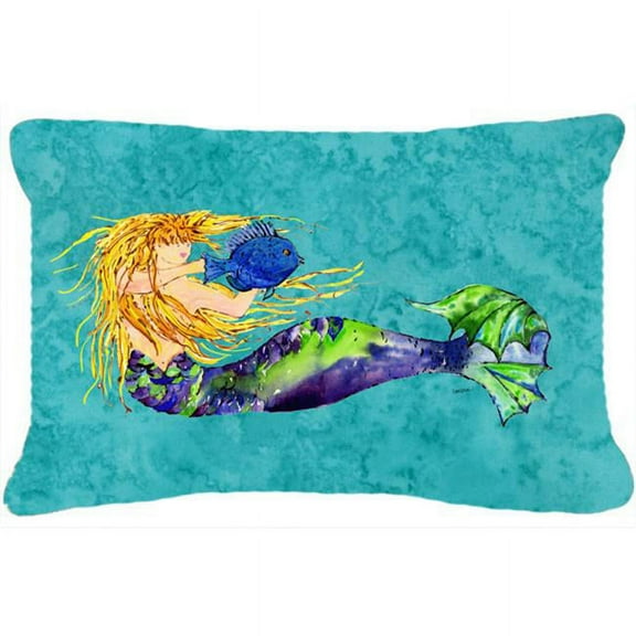 Blonde Mermaid On Teal Canvas Fabric Decorative Pillow