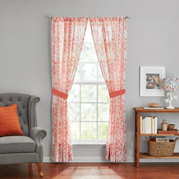 The Pioneer Woman Maize Sheer Curtain Panel, Coral, 1 Panel, 50"W x 84"L