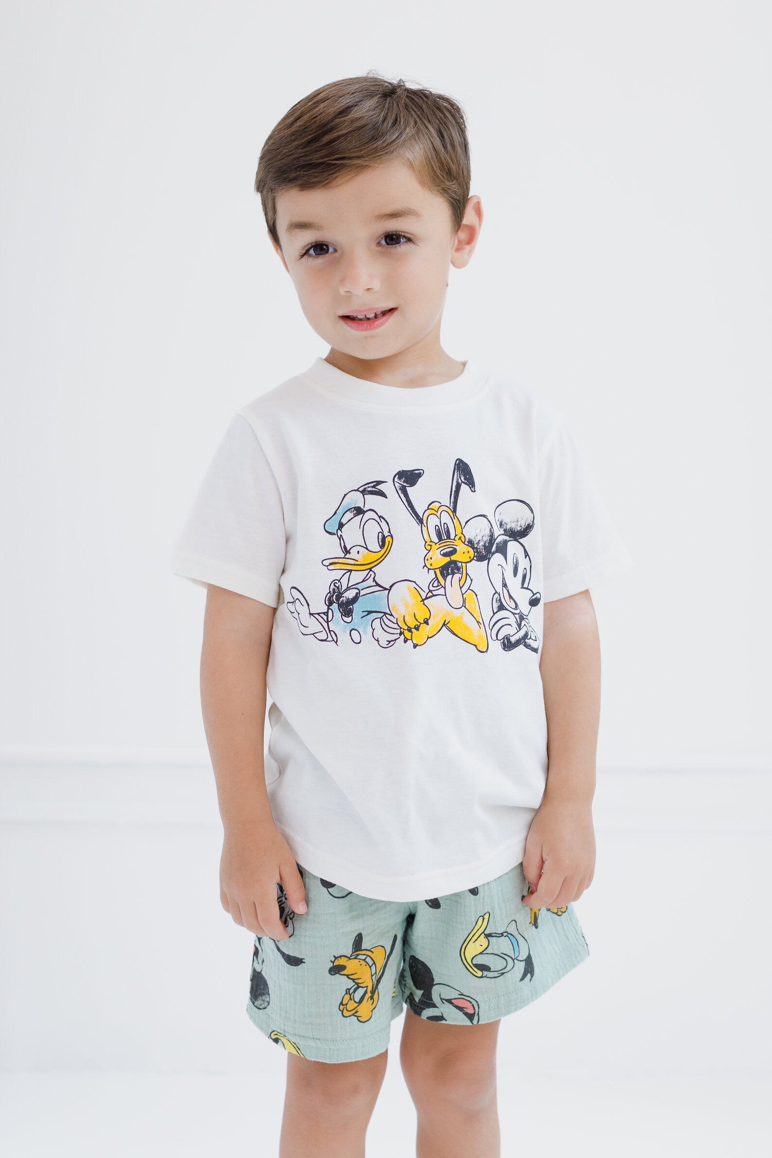 Disney Mickey Mouse Goofy Donald Duck Cotton Gauze Button Down Shirt, T-Shirt and Shorts 3 Piece Outfit Set Infant to Little Kid