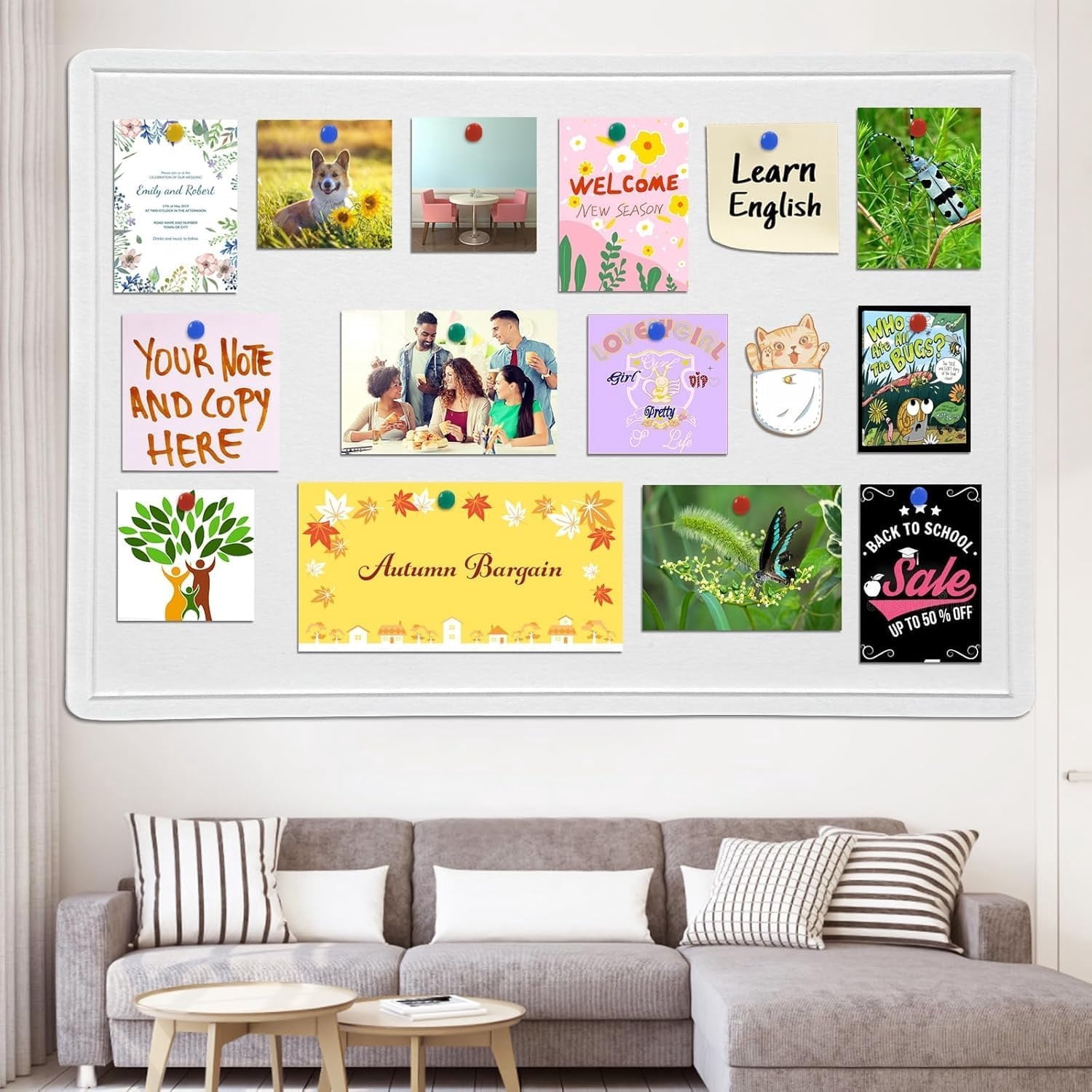 48 X 36 inches Felt Board Notice Pin Board,4' x 3' Cork Board Alternative for Wall, Self-Adhesive Vision Board Mood Board Foldable Photo Board with 30 Pushpin-Warm White