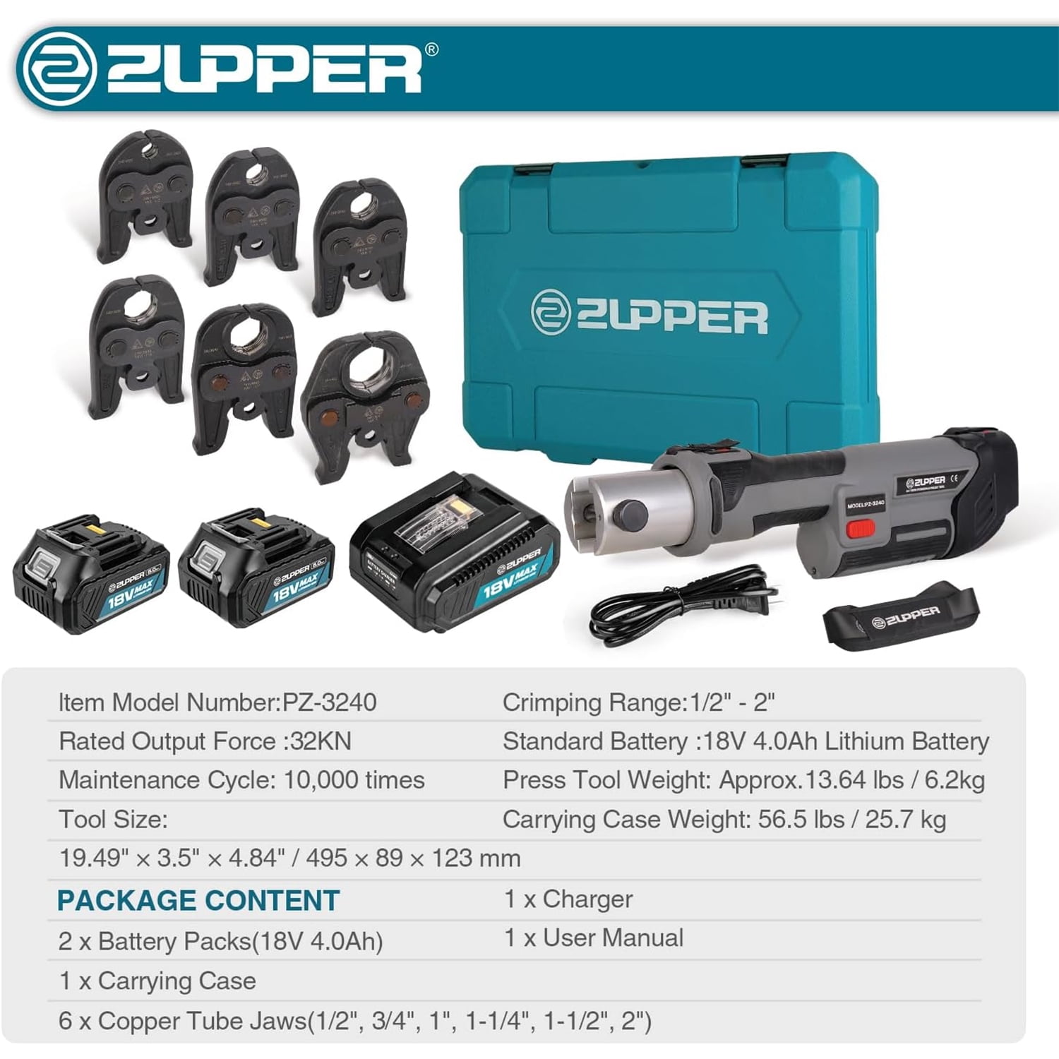 ZUPPER Pro Press Tool kit with 1/2" to 2" ProPress Jaws for Copper Viega, 2pcs 4AH Battery, Fast Charger & Carrying Case