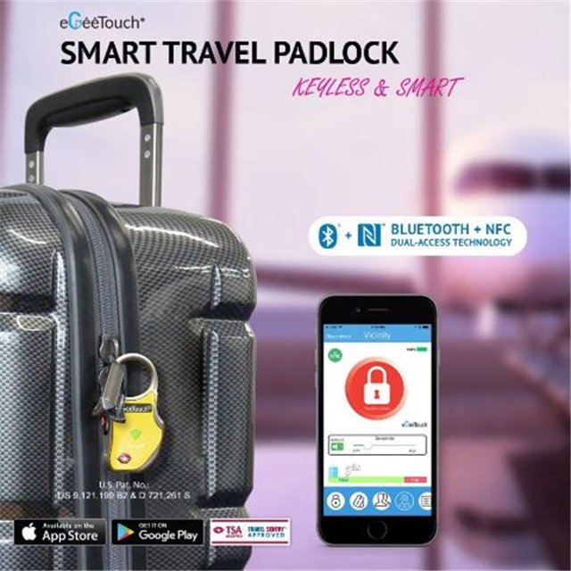 eGeeTouch Smart Travel Padlock with Patented Dual Access Technologies NFC plus BT, Vicinity Tracking - Black