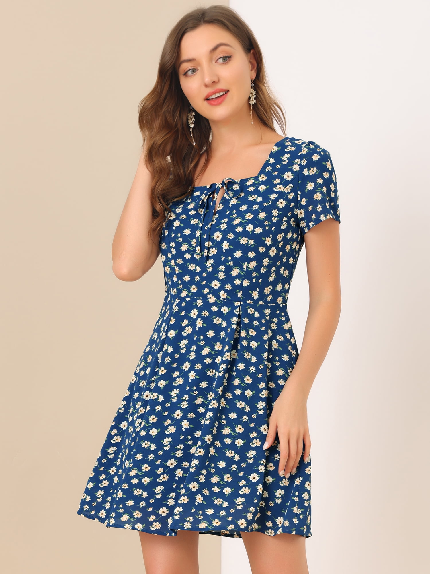 DARING DIVA Square Neck Short Sleeve Print A-Line Dress XS Blue-Floral