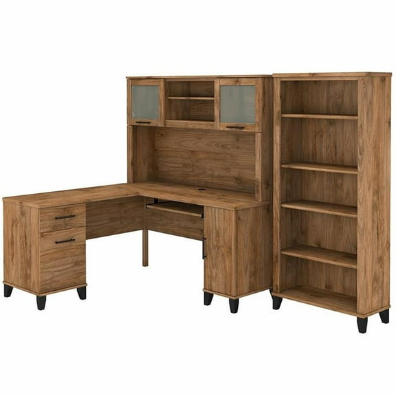 Pemberly Row Engineered Wood 60W L Desk with Hutch and Bookcase in Fresh Walnut