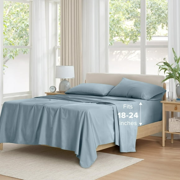 Comfort Spaces Extra Deep Pocket Sheets, 100% Cotton Sheets King Fits up to 24"" Mattress, Breathable, Naturally Cool Cotton Sheets, Soft Cotton Sheets, All Seasons Sheet Set, Blue 4 Piece