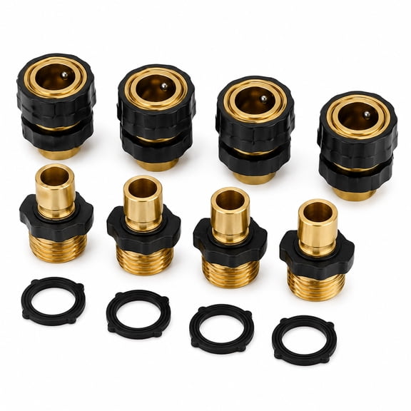 Garden Hose Quick Connector 4 Pairs, 3/4 Inch GHT Brass Hose Fittings, Male and Female Quick Connect Adapters with Washers for Outdoor Faucets, Nozzles, Sprinklers