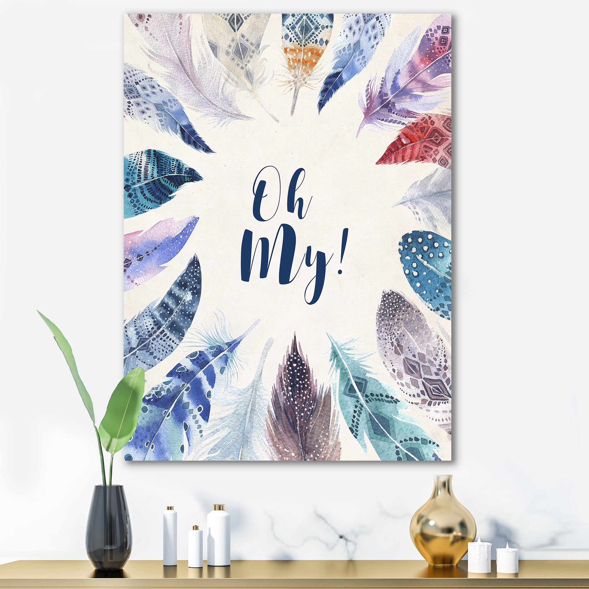 Designart ' Vital Blue Feathers Oh My ' Bohemian & Eclectic Canvas Wall Art Print