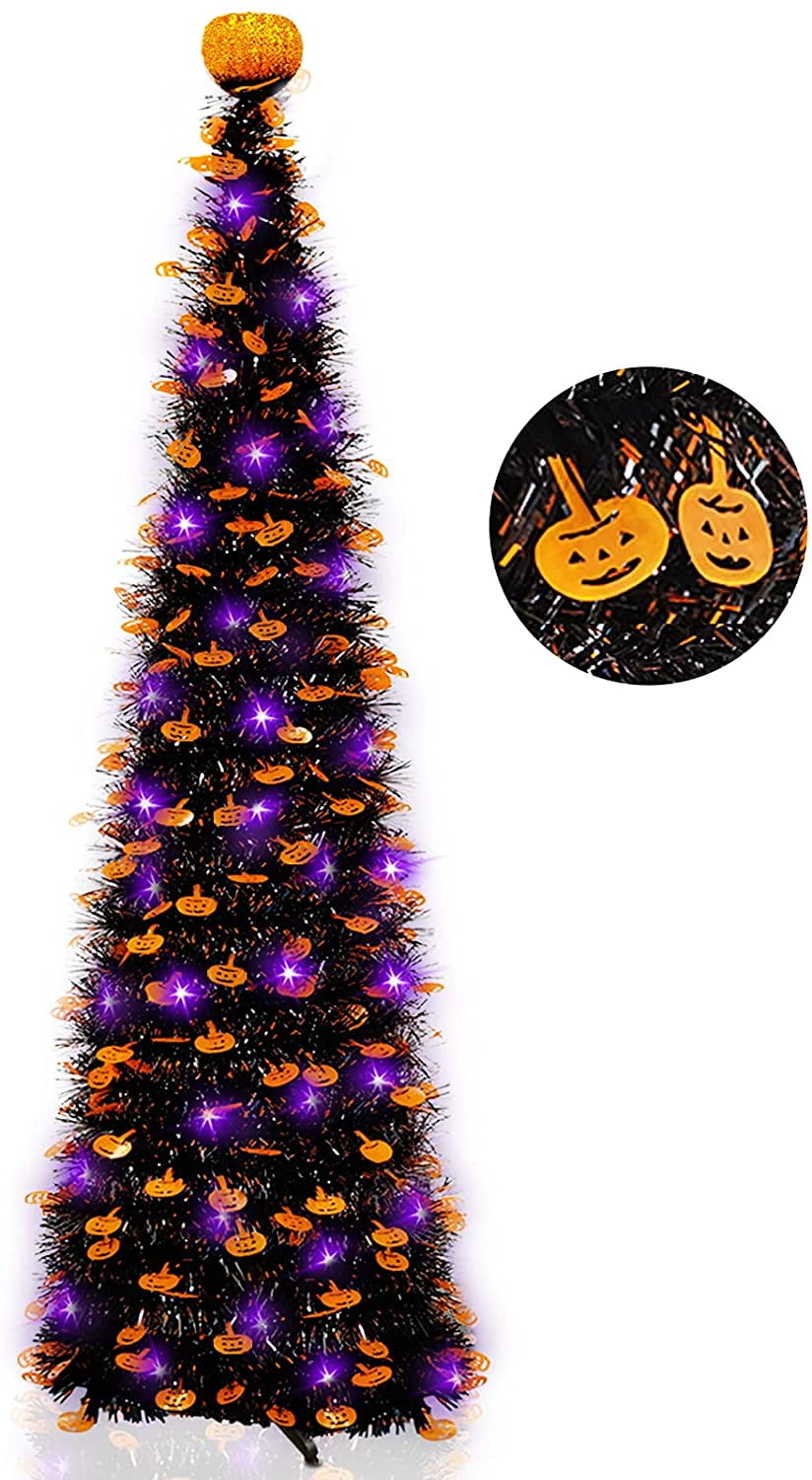 5 Feet Black Tinsel Halloween Tree with 50 LED Purple Strings Lights