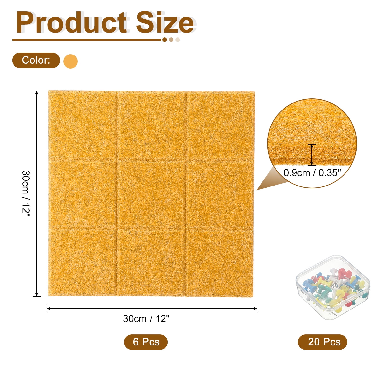 Uxcell 12" x 12" Felt Wall Tile, 6 Pack Felt Wall Tiles Bulletin Board with 20 Safe Removable Adhesive Tabs Cork Boards for Walls Home Office Photos, Orange Yellow