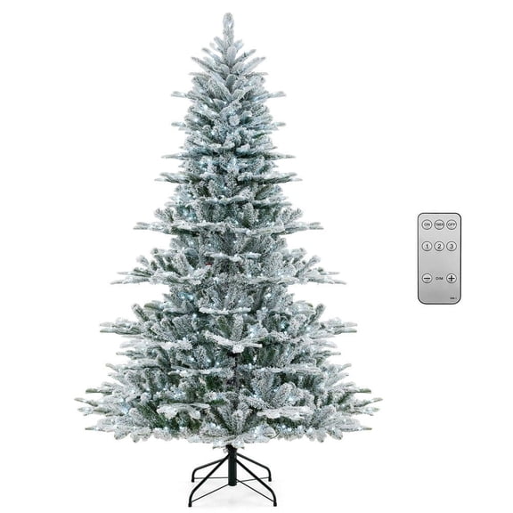 Resenkos 7-Ft Snow Flocked Artificial Christmas Tree with Cool White LEDs - Green/White