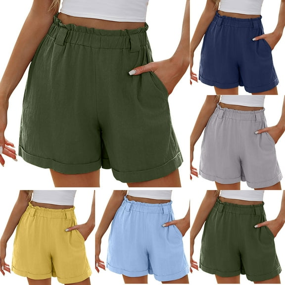 Jacenvly New Pants for Women Solid Cotton and Linen Summer Loose and Casual Comfortable Elastic Waist Wide Leg Pants Straight Leg Shorts Breathable Fashion Women'S Plus Summer Shorts Army Green