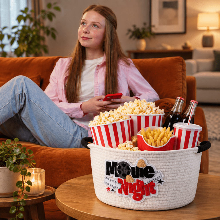 White 11.81 x 7.48 x 6.69 Inches Movie Night 2 Cotton Rope Snack ...