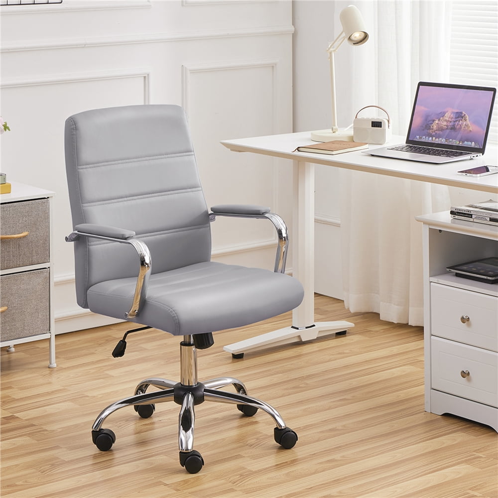 Yaheetech Mid-Back PU Leather Adjustable Office Chair with Arms, Light Gray