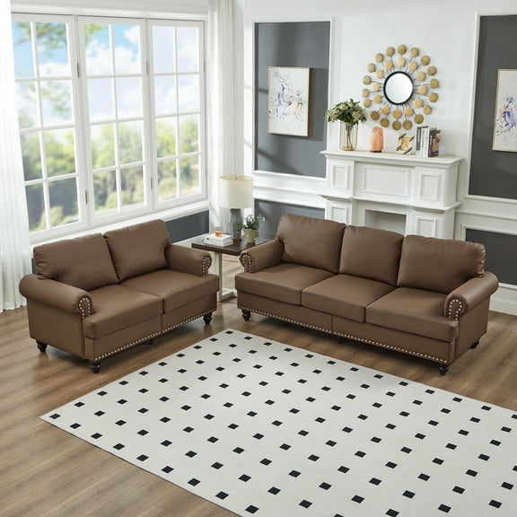 Modern Classic 2 3 Seater Leather Sofa Set, Faux Cowhide Upholstered Loveseat and Couch with Nailhead Trim, Comfortable Living Room Furniture for Home, Apartment, Office, Brown