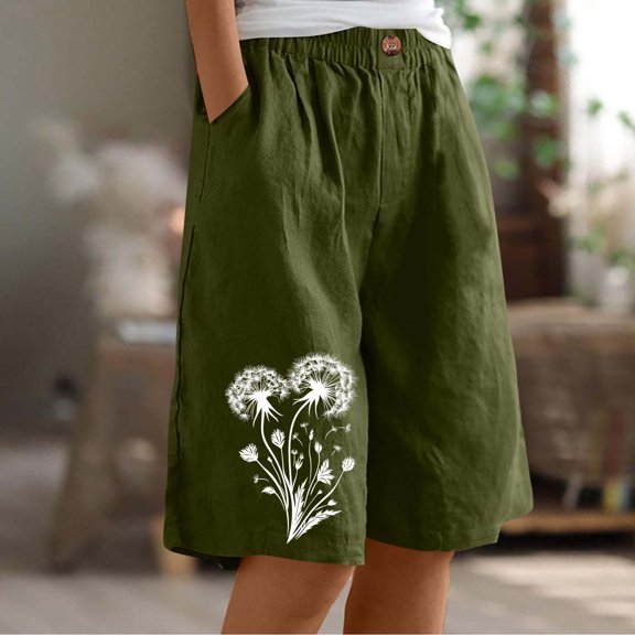 Clearance under 10$ Sevevn Women's Casual Printed Half Shorts Pants Summer Elastic Waist Buttons Casual Pockets Pants Savings Up to 30% Off Army Green L