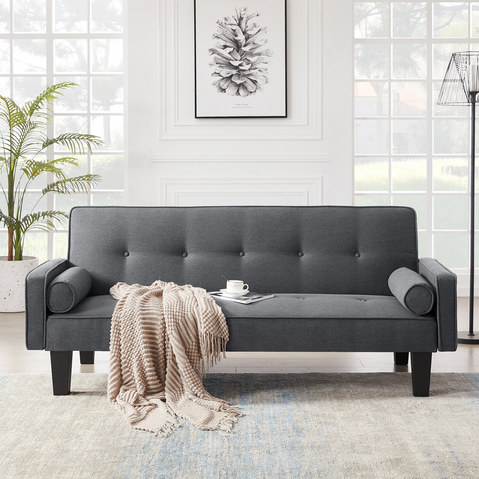 Bianlte Convertible Futon Sofa Bed,Upholstered Futon Couch Fabric Sleeper Sofa with Pillows for Living Room,Gray