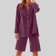thumbnail image 2 of UAMVSH Women Button down Two Piece Sets Plus Size Cotton Linen Long Sleeve Shirts and Drawstring Bermuda Shorts Beach Outfits(3X-Large,Multicolor 1), 2 of 7