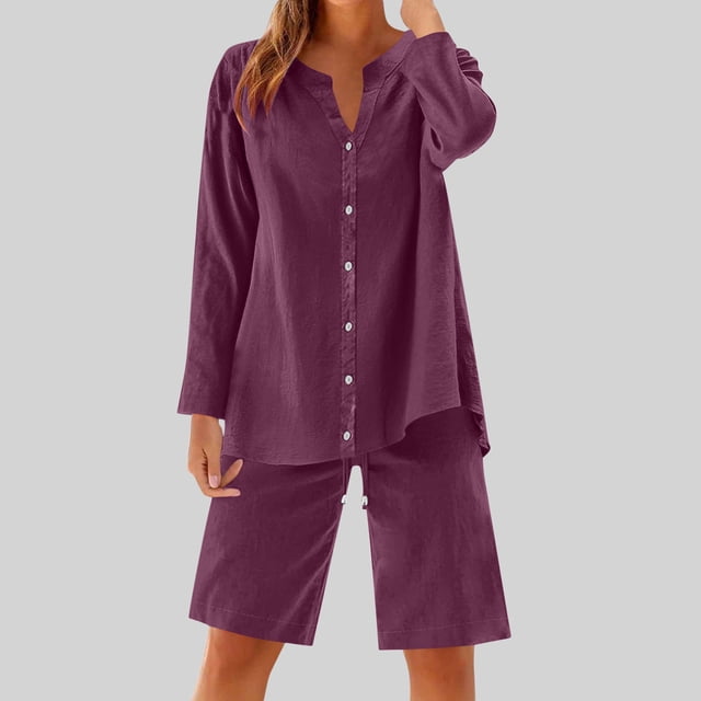 mfyjkho Pantalones Cortos De Gimnasio, Conjunto De Top Y Pantalones Cortos De Lino Para Mujer, Holgado, Informal, De Color Liso Y Cuello Redondo, Manga 3/4 Pantalones Cortos Para Mujer S