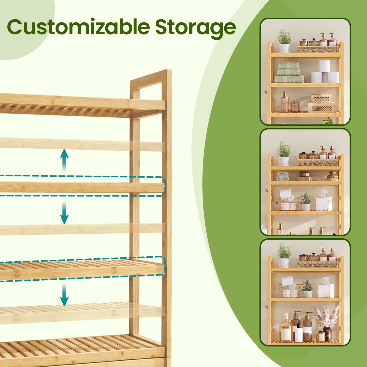LEDREM 4-Tier over-the-Toilet Bathroom Storage Organizer with Adjustable Shelves, Hooks, and Toilet Paper Holder, Space-Saving Rack, Natural Beige