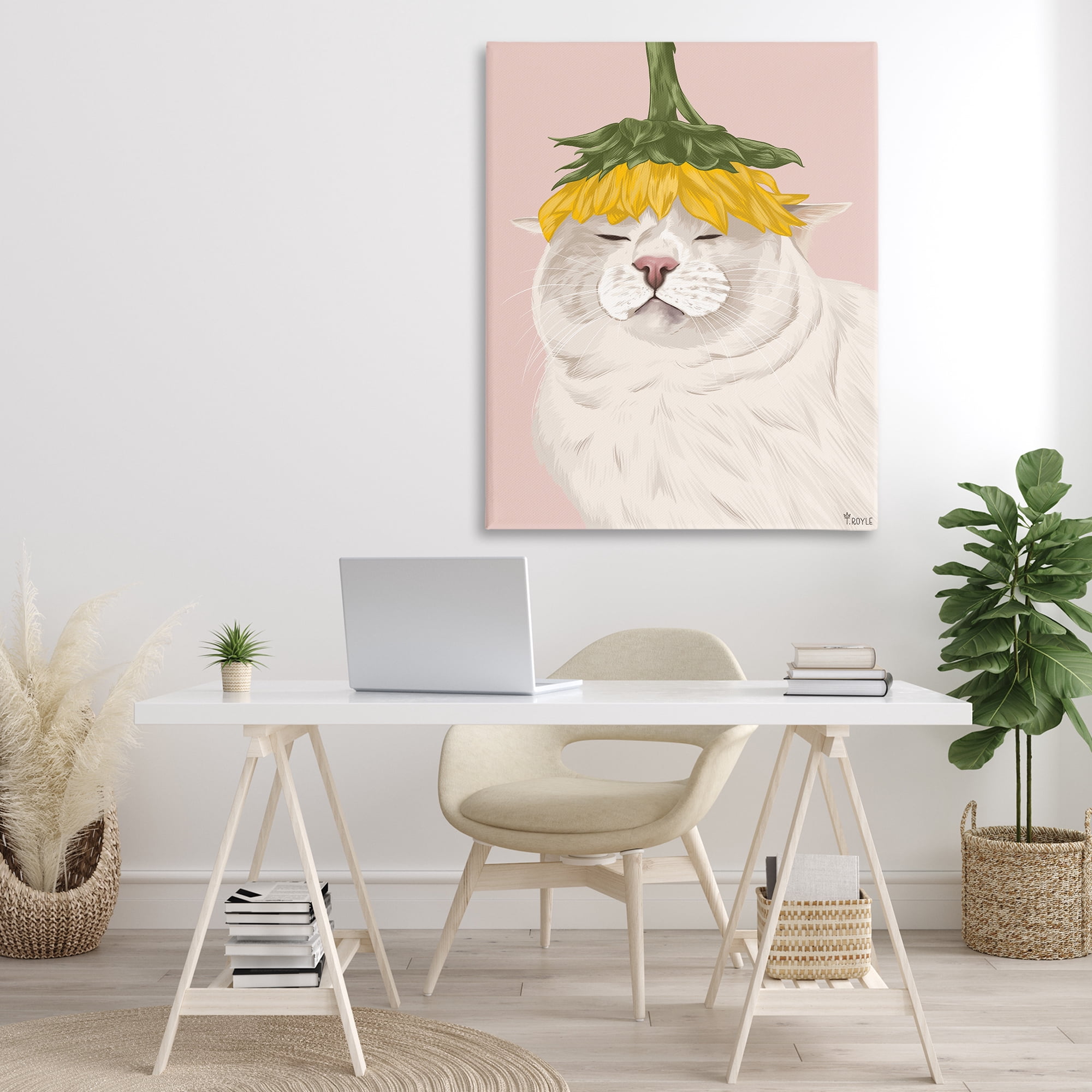 Stupell Industries Cat with Daisy on Head Animals & Insects Painting Gallery Wrapped Canvas Art Print Wall Art, 36 x 48