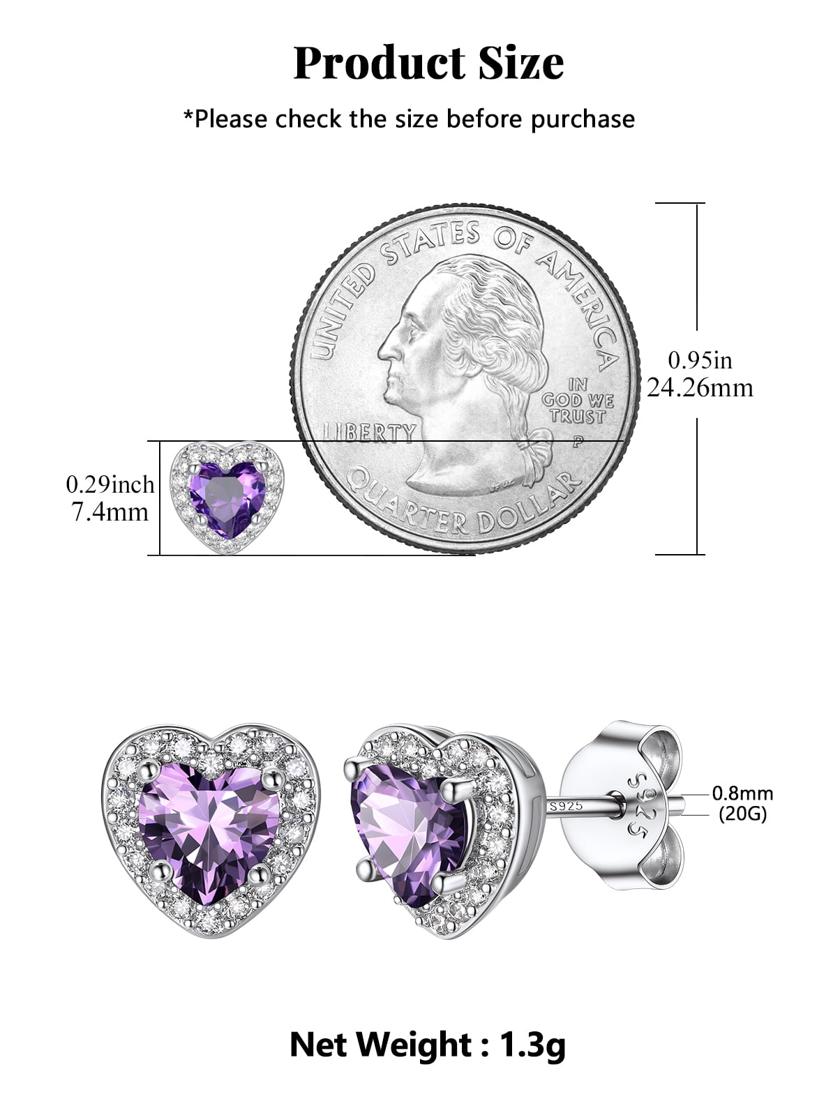 Silvora 925 Sterling Silver Heart Stud Earrings for Women February Birthstone Elegant Earring Birthday, Anniversary, Christmas Jewelry Gift