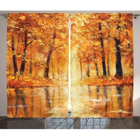 Country Decor Curtains 2 Panels Set, Painting Of A Forest By The Small Lake In Autumn Pale Fall Trees And Leaves Mod Art, Living Room Bedroom Accessories, By (Best Windows 7 Mods)