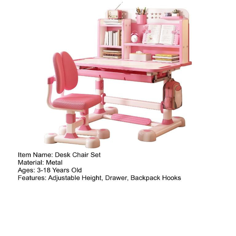 Functional Desk and Chair Set, Ergonomic Height Adjustable Children School Study Desk with Tilt Desktop, Book Stand, Bookshelf, Metal Hook and Storage Drawer for Boys Girls 3-12 Years Old (Pink #2)